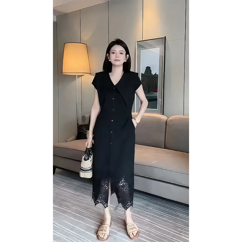 法式赫本风连衣裙女2025夏季新款海军领蕾丝拼接显瘦连衣裙9213