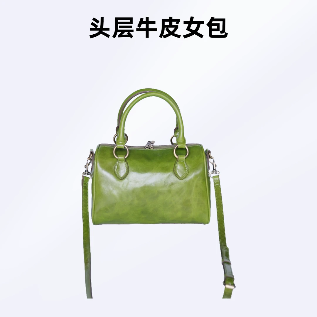 2025新款头层牛皮流行波士顿手提腋下单肩女包清风型真皮时尚绿色