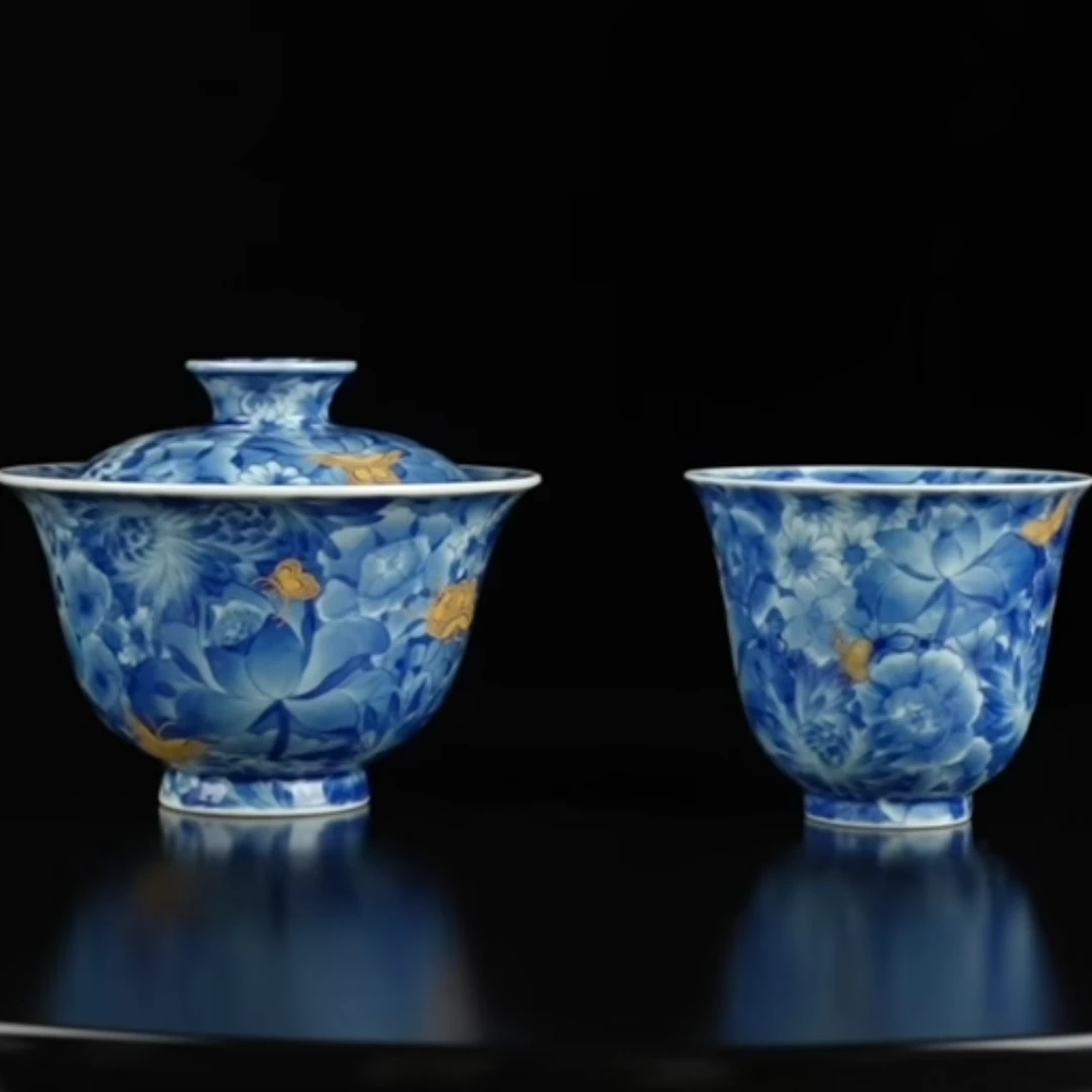 【晓剑窑】青花描金蝶恋花套组