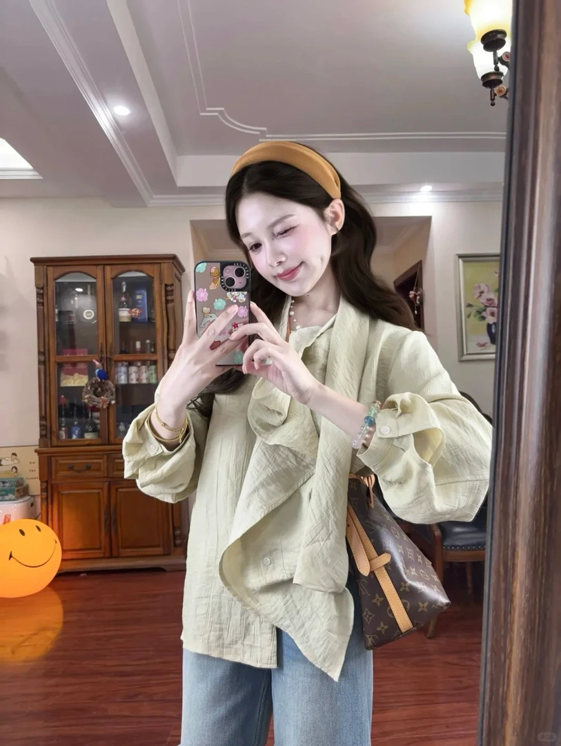 2025秋季新款韩系穿搭设计感系带衬衫上衣搭配牛仔裤气质两件套女