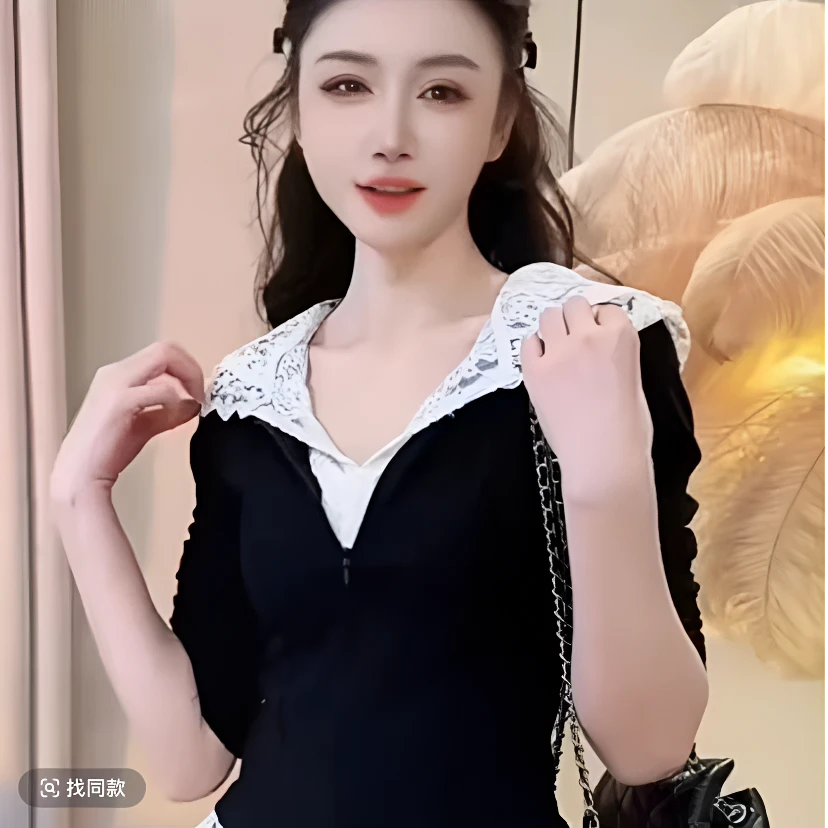 新款拼接蕾丝帽衫样衣百搭显瘦遮肉气质长袖运动时尚女士连帽