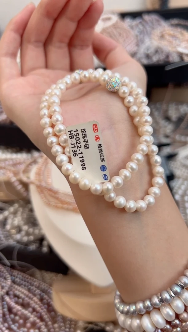 未镶嵌8淡水珍珠无核*强光珍珠手链6mm左右圆珠