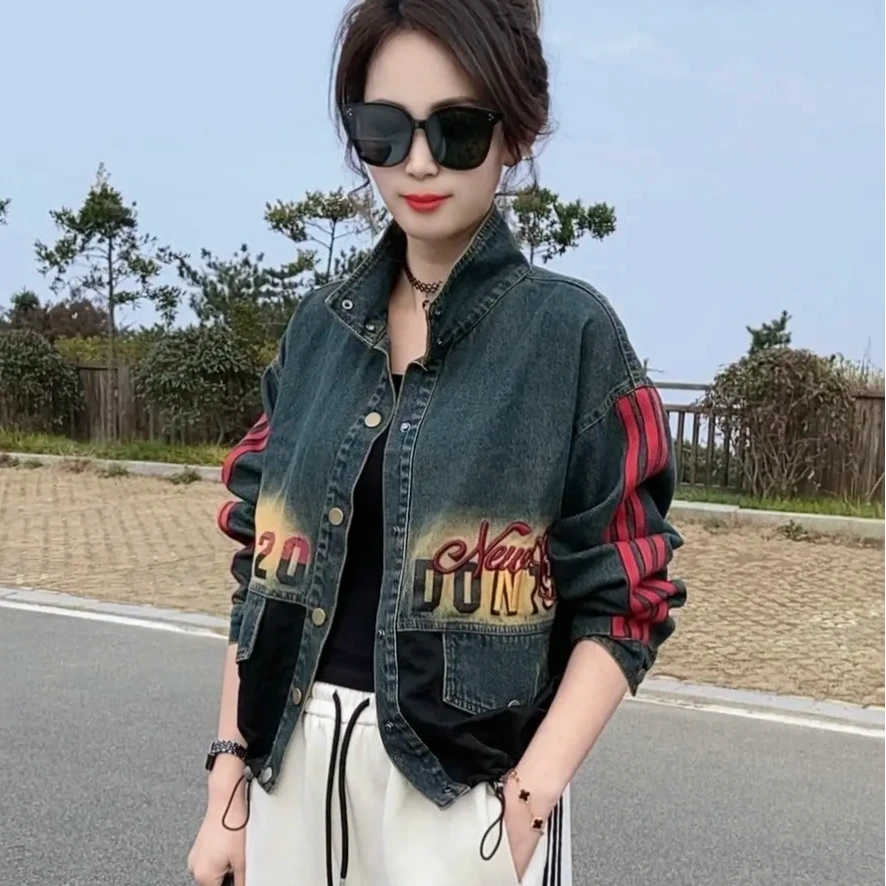 立领复古牛仔外套2025春季新款时尚条纹印花减龄百搭牛仔马甲女款