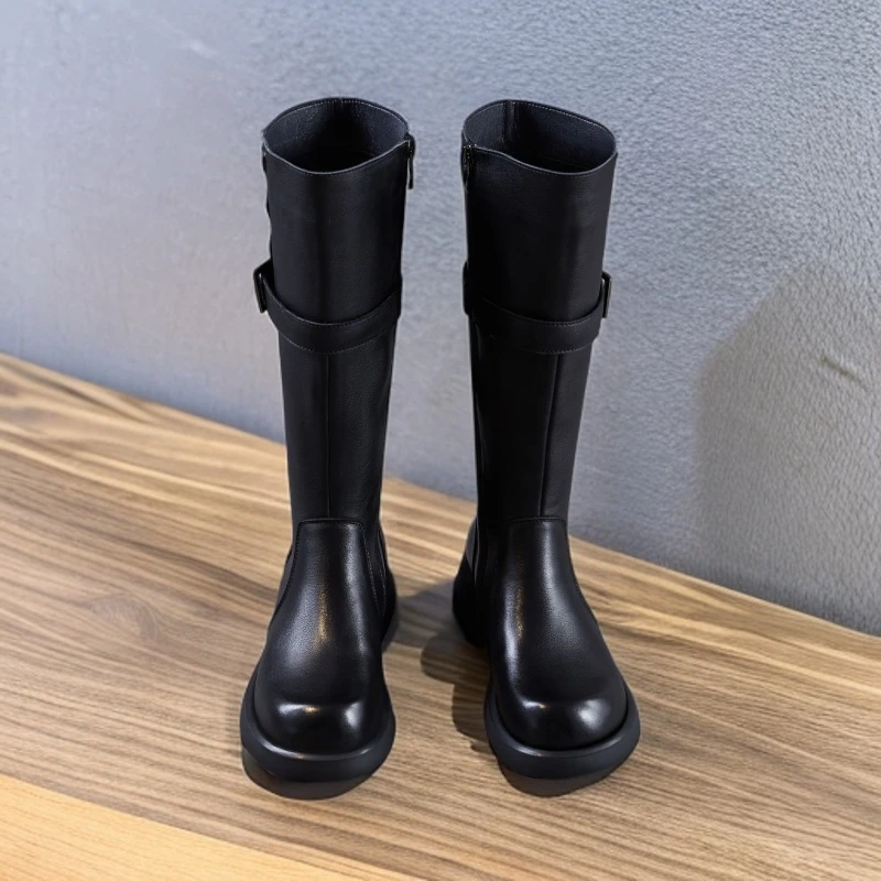 头层牛皮长靴女2025秋冬新款百搭时尚真皮加绒厚底高筒靴子女双11