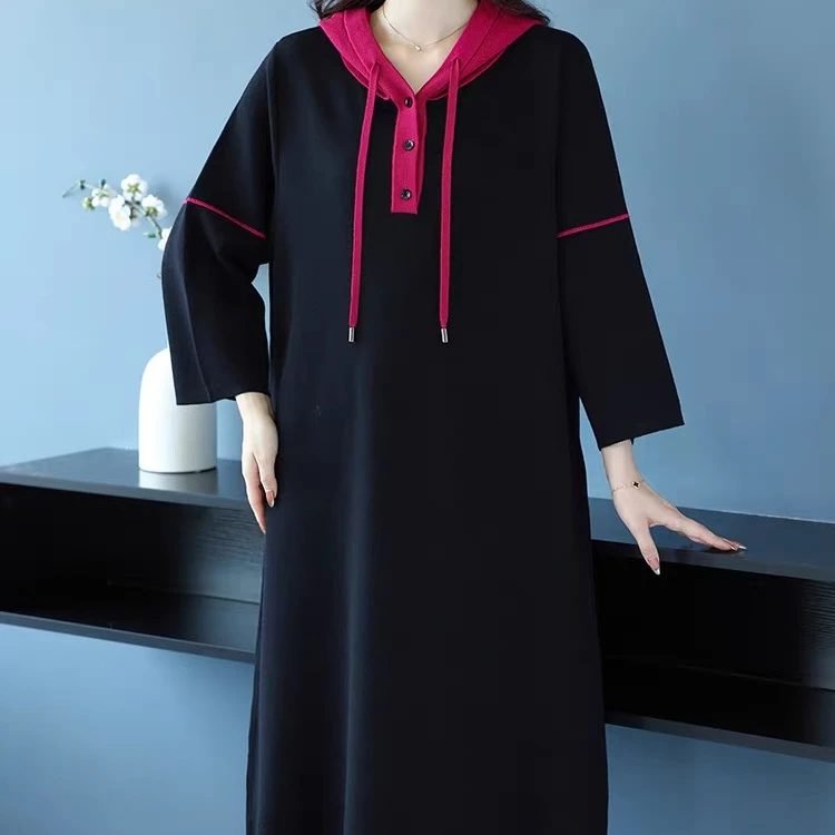 L5861新品时尚设计师气质款连帽分袖连衣裙