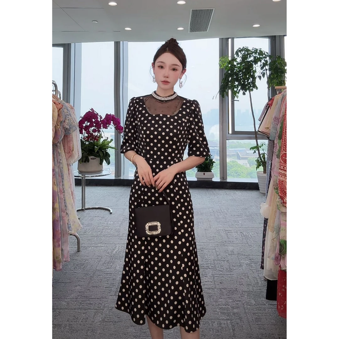 【封后轻奢设计】夏季法式经典气质收腰鱼尾裙波点连衣裙0180