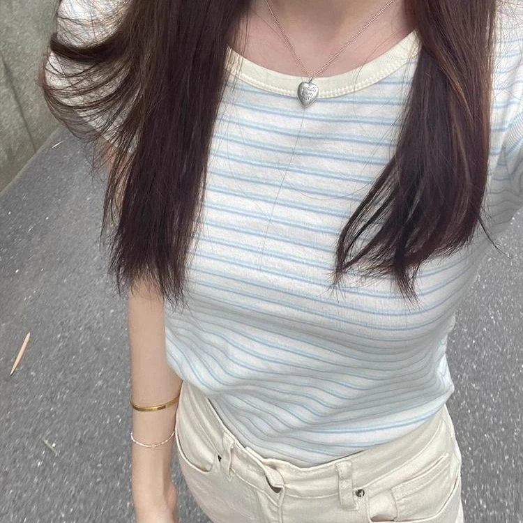 欧若风撞色条纹休闲短袖T恤女春夏季新款韩版修身圆领小众上衣潮