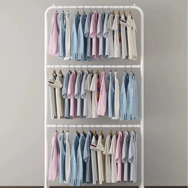 家用简单小型衣架晾衣架双层落地单杠折叠省空间三层儿童衣服挂架