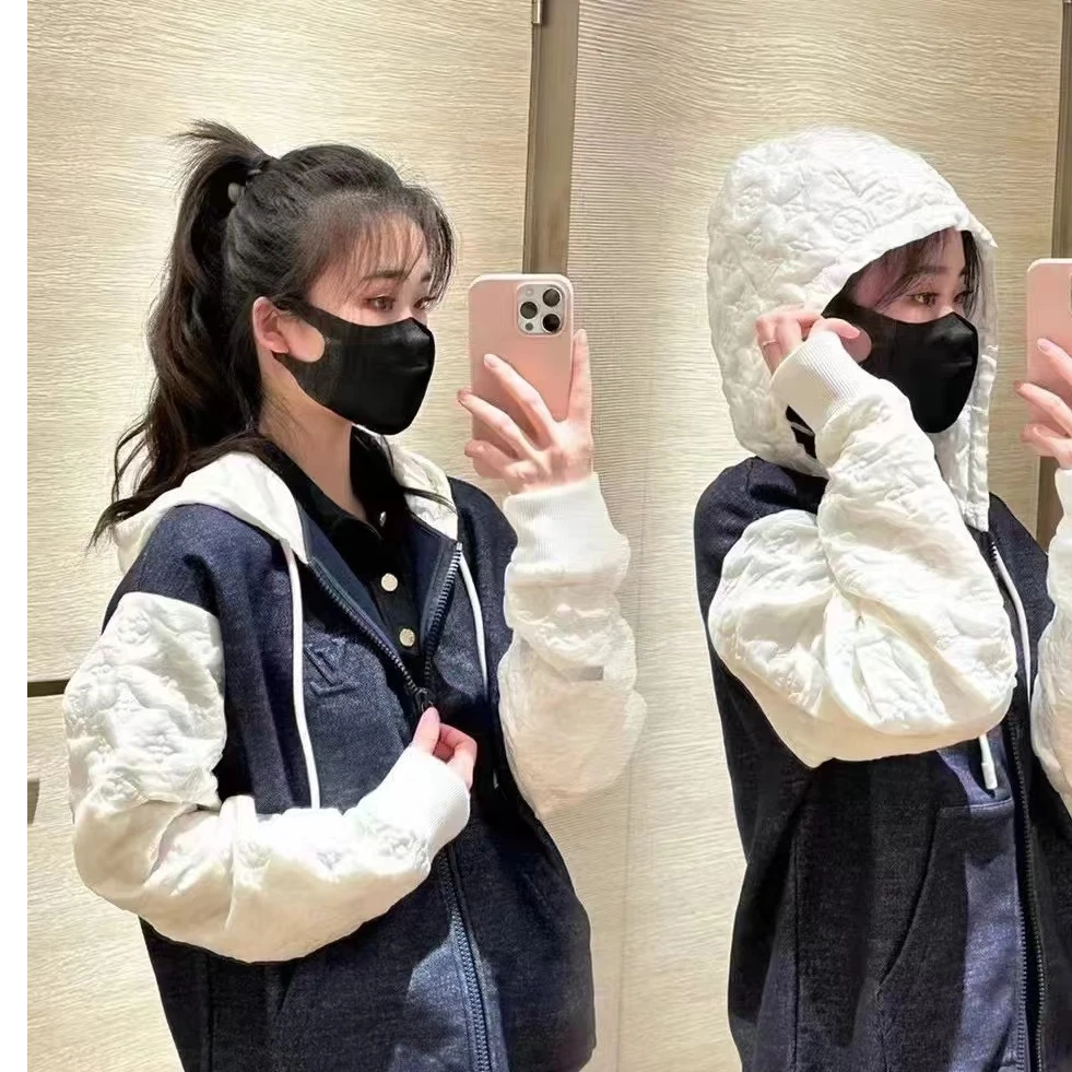 99新 LouisVuitton/路易威登 36码灰白拼色老花浮雕连帽外套