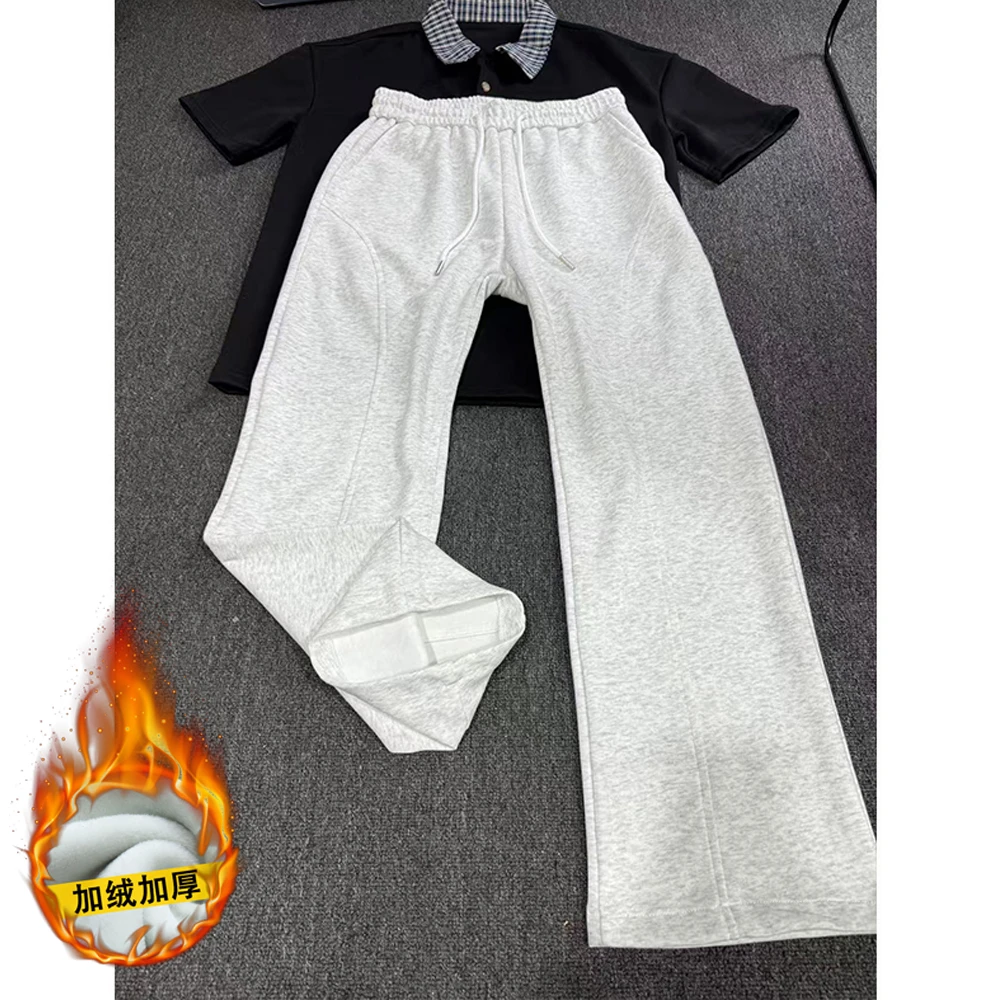 白花灰重磅斜切纹卫裤男春秋美式复古显高微喇裤子直筒垂感休闲裤