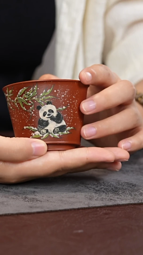 茶杯紫砂朱泥 熊猫 冬 马蹄杯