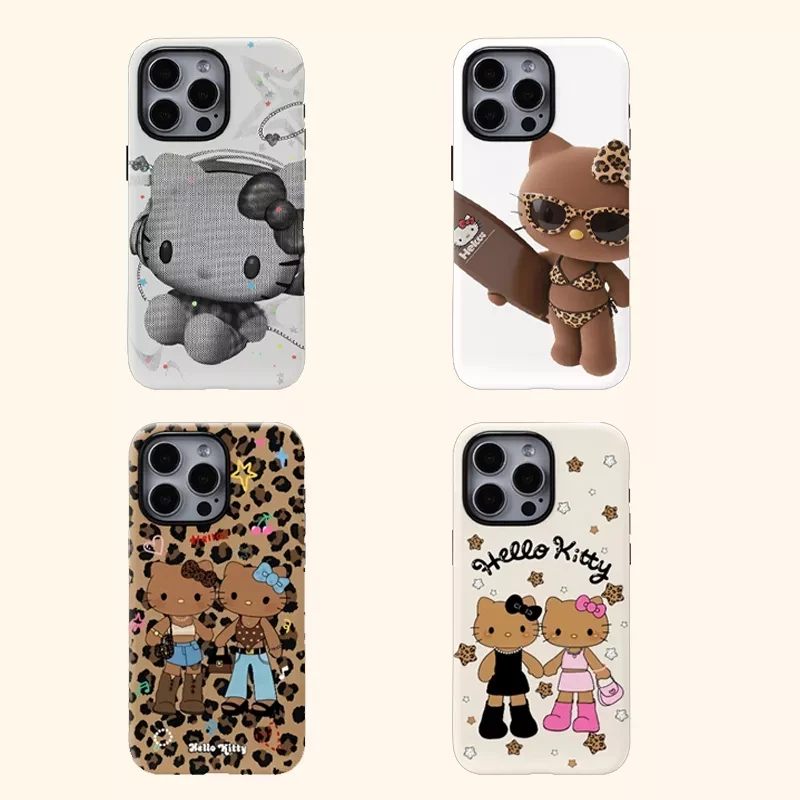 日韩豹纹Kitty卡通适用苹果17pro手机壳iPhone新款华为二合一网红