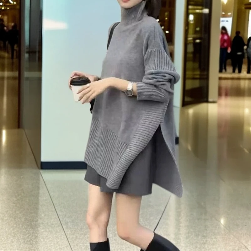 复古高领长袖别致2025春秋新款气质开叉短裤休闲时尚减龄女中长款