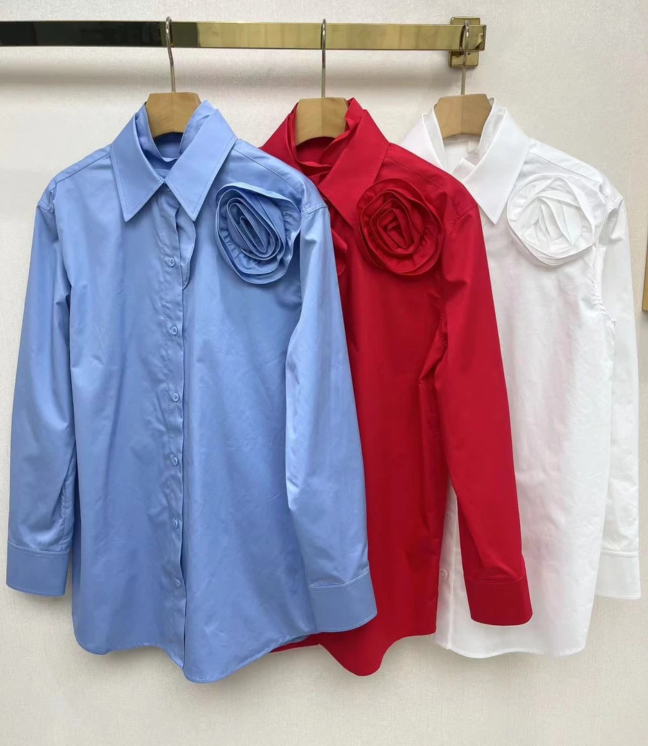 慕溢-172红白蓝三色长袖玫瑰衬衫