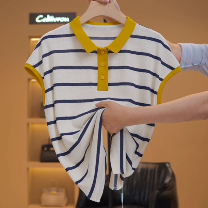 【越越】时髦撞色条纹短袖针织T恤-Y17728