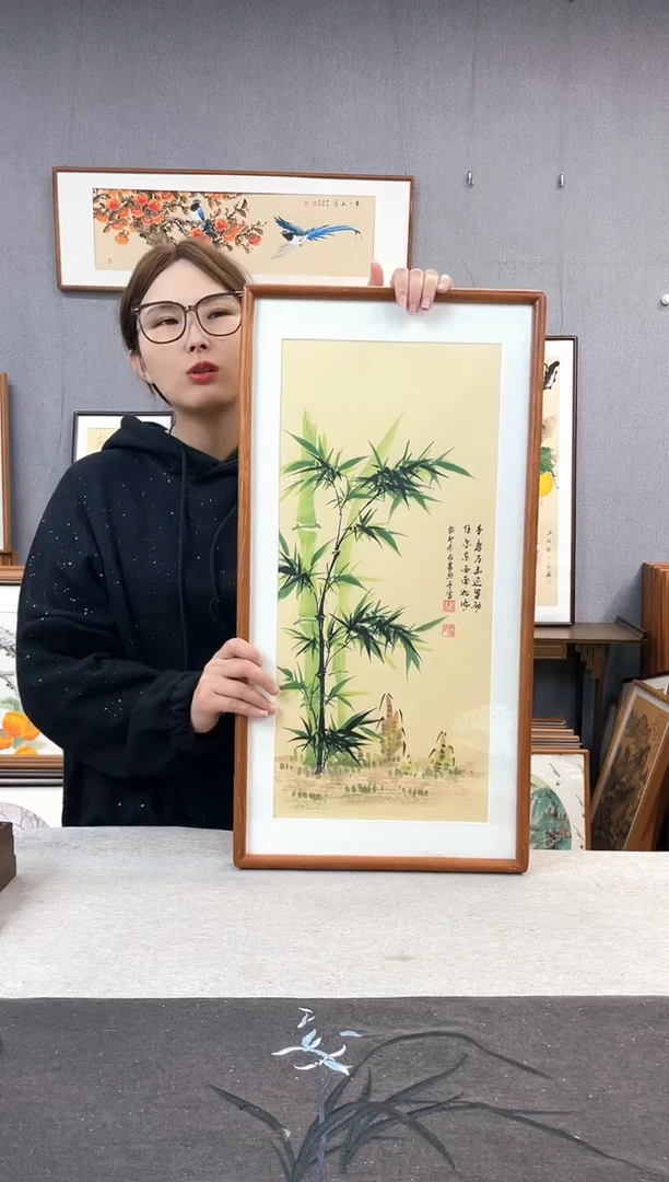 【闪购商品】国画贺照亭-纯手绘带框作品-35*68-竹子