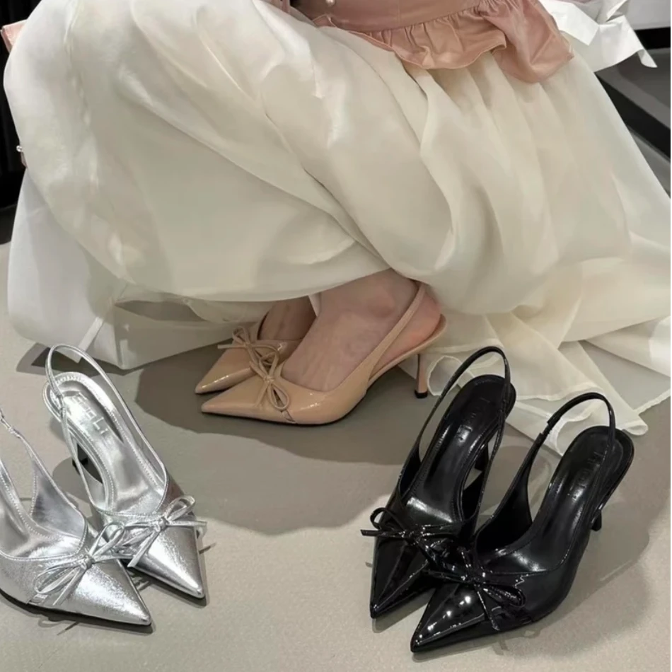 妙琳~ 好美啊！！裸色尖头蝴蝶结浅口镂空高跟鞋女春季后空凉拖鞋子
