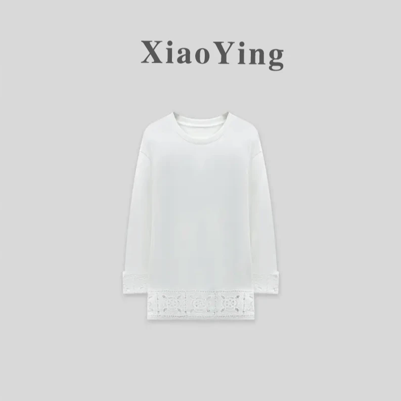 【小影夫妇】蕾丝钩花T恤镂空设计中长款磨毛棉质圆领百搭纯棉上衣