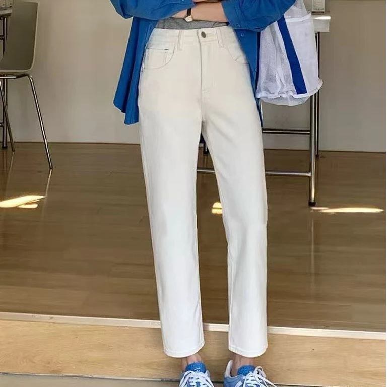 SU【863-1】代98 愫玥 牛仔裤女冬加绒保暖显瘦杏色九分法棍裤