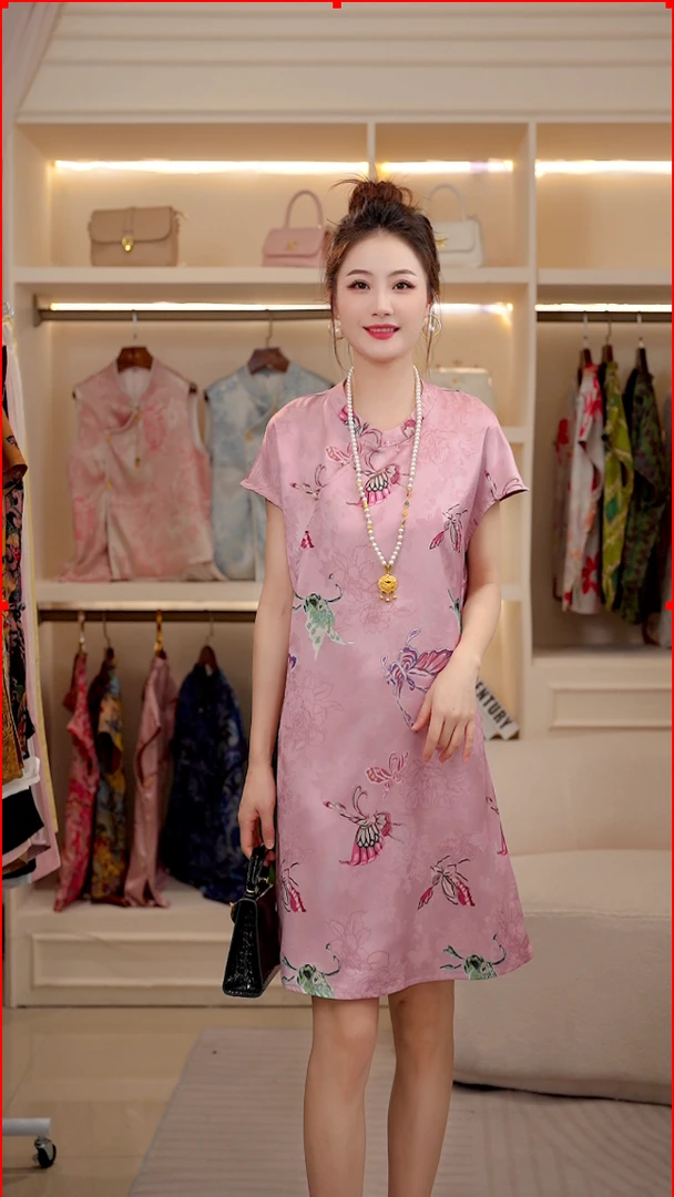 【百花香】（带袖-显瘦）夏季显瘦短款连衣裙 女士薄款中国风气质