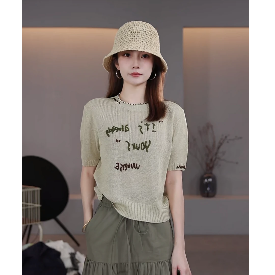 【LIbaibai】夏装2025年新款短袖针织薄款收腰显瘦上衣BB-2323