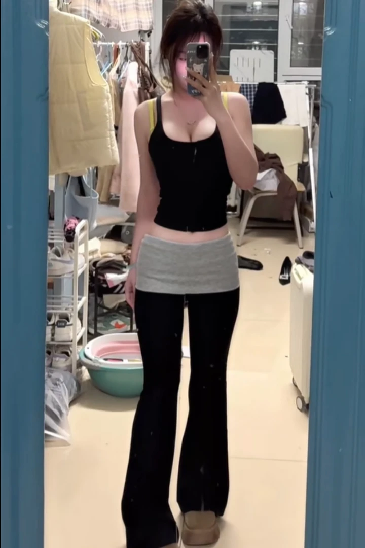 纯欲风露脐无袖吊带背心修身显瘦短款上衣+黑色微喇叭休闲阔腿裤