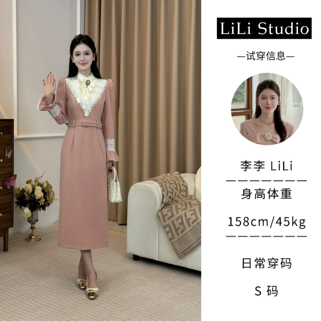 【香榭丽舍】LiLi法式复古宫廷风重工粉色呢料连衣裙XMZH4565