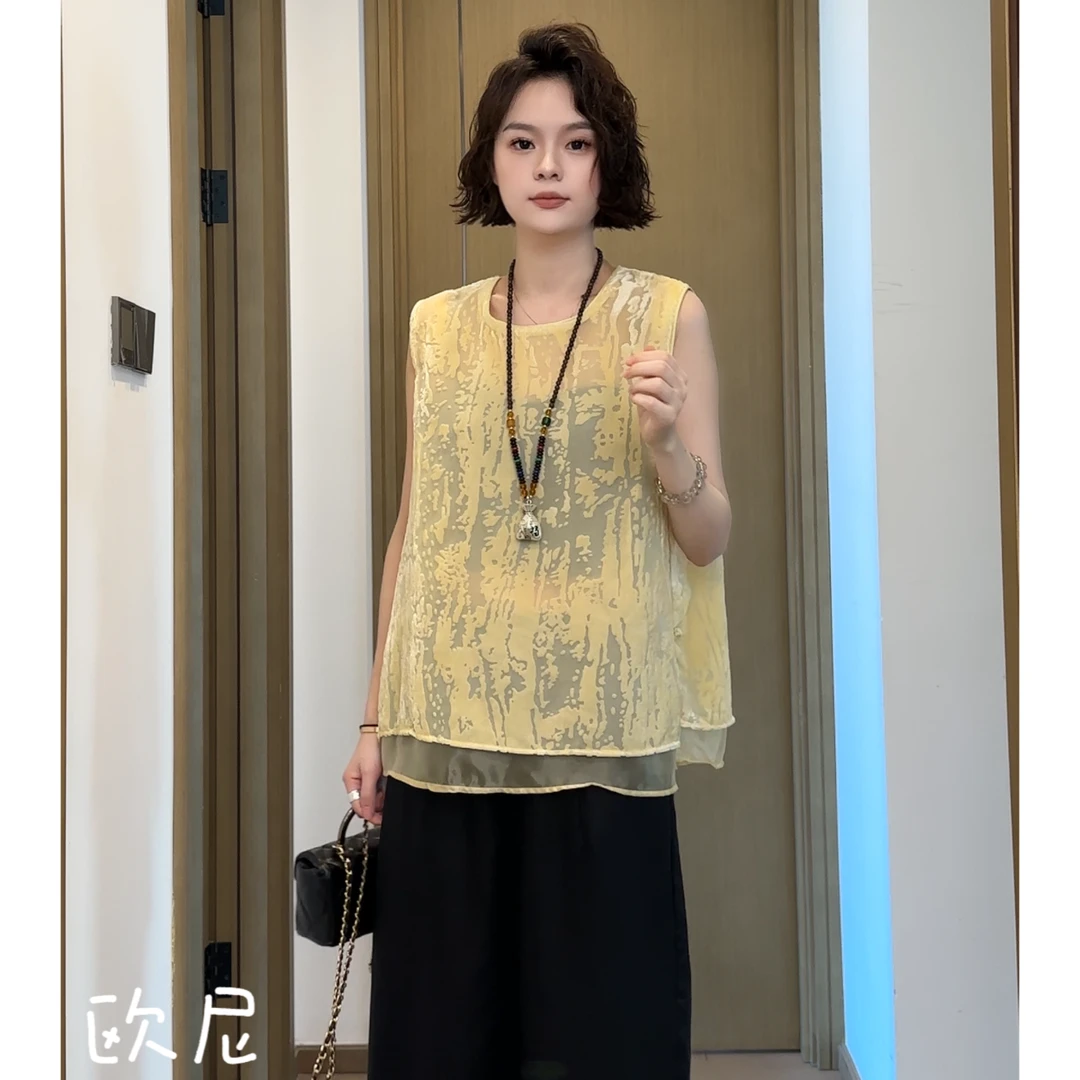 欧尼私服 2025夏测纽扣小众设计气质丝绒双层纱圆领衬衫2505C3038