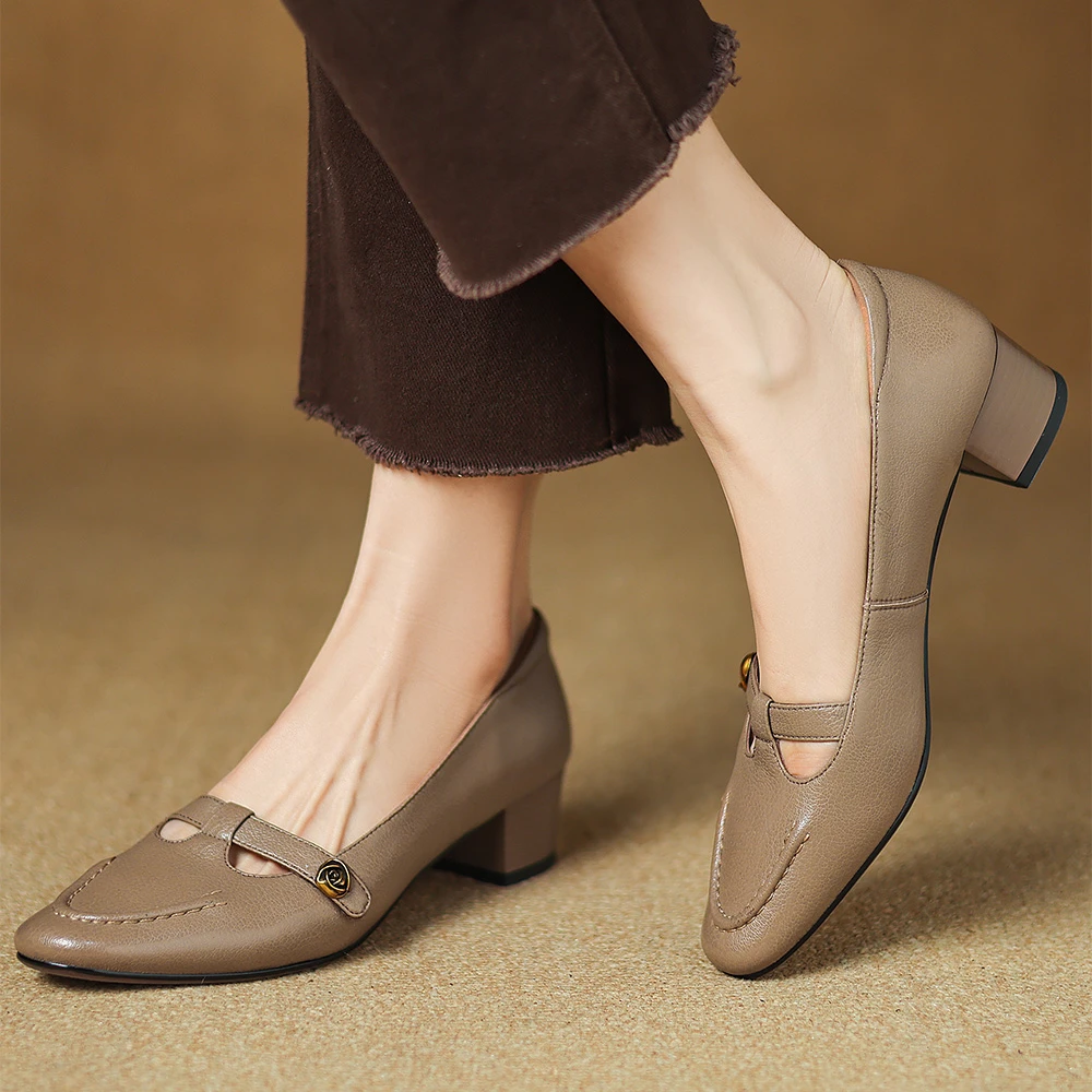 跟高4cm法式真皮鞋粗跟浅口黑色单鞋山茶花玛丽珍鞋软皮T型小香风