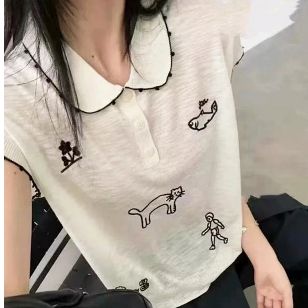 小猫刺绣冰丝针织短袖女2025新款夏季POLO领薄款针织衫小飞袖上衣
