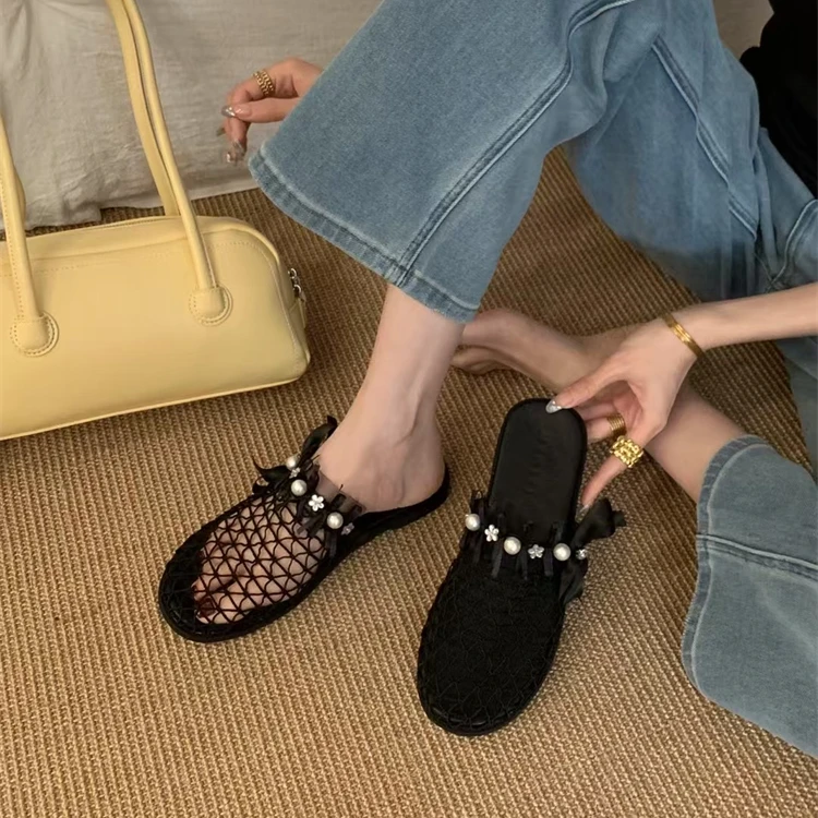 133-2法式网面编织缕空平底包头半拖鞋女鞋外穿珠珠罗马凉拖鞋