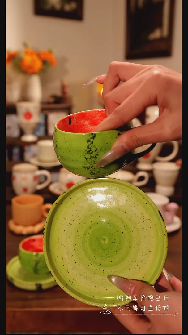 陶瓷便携款小西瓜杯碟手作   手绘釉下彩