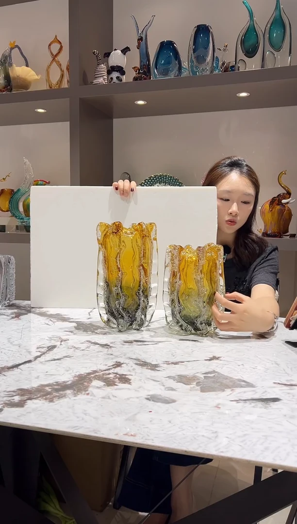琥珀气泡琉璃花瓶一对