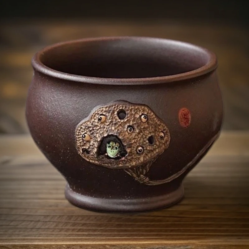 宜兴紫砂杯全手工捏制青蛙莲子紫砂原矿上班族单人茶具紫砂茶杯