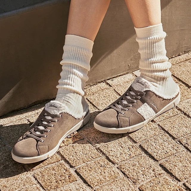 斯凯奇秋季女复古美式半拖加绒保暖拖鞋毛毛鞋一字拖室内鞋100673