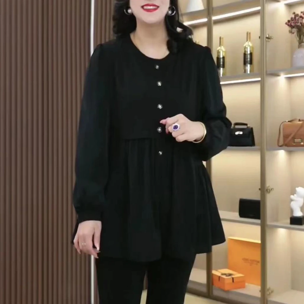 胖大柳新款大码女装圆领纽扣时尚气质显瘦休闲收腰春季上衣241362