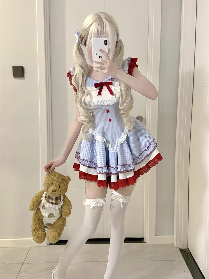 少女椰子甜品系樱桃丸子 夏季蓝色格纹连衣裙女+白色泡泡短裤