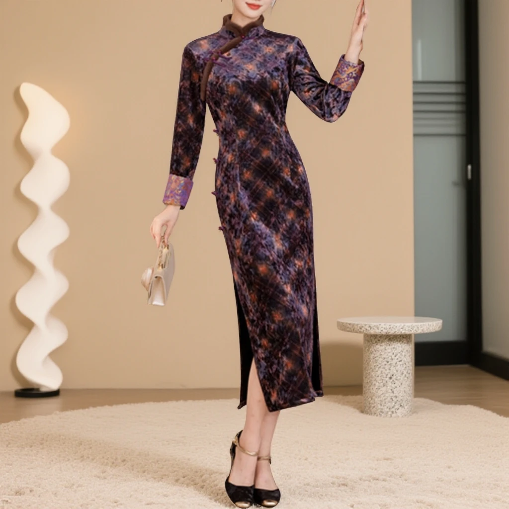 复古国风长袖加绒中老年女士大码旗袍2025冬季新款高级感中式旗袍