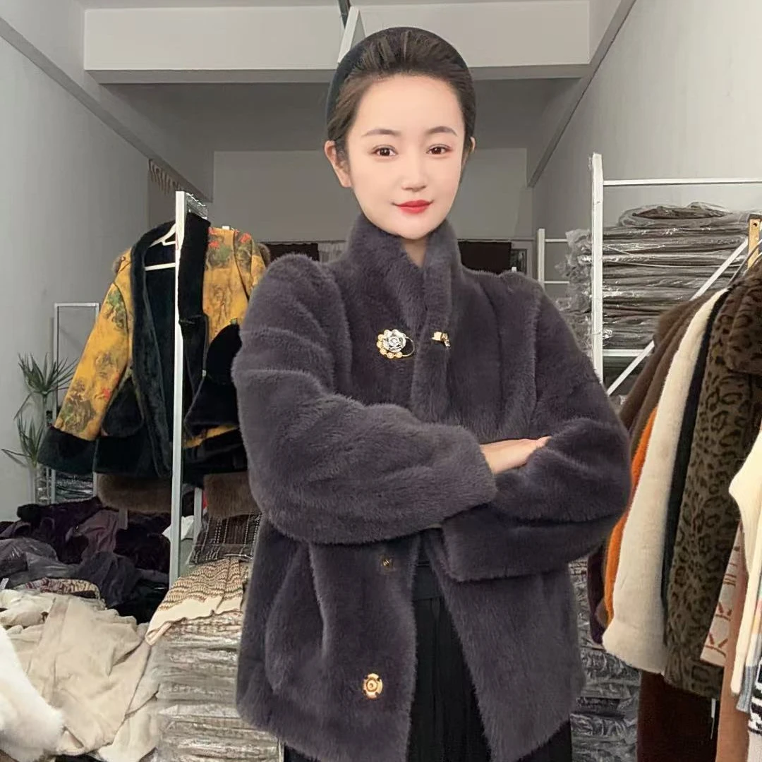 [笑笑专属]韩版时尚百搭厚款保暖显瘦显气质紫灰色女貂绒外套2002