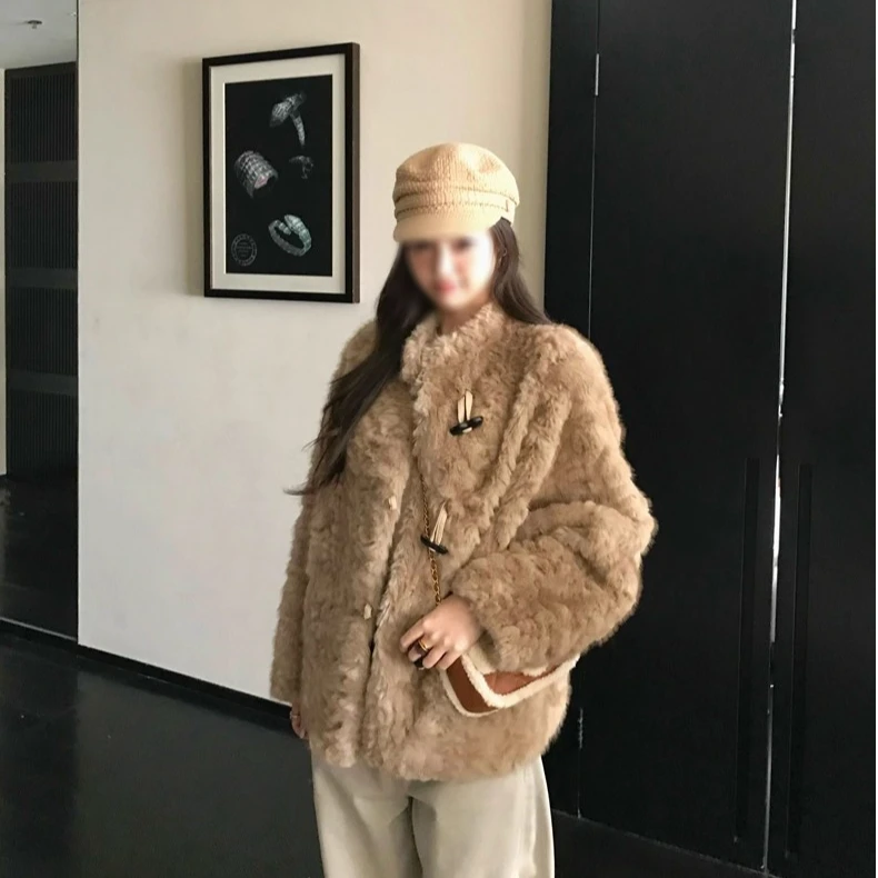 人造皮草 拉德花生扣环保皮草外套女2025冬季宽松毛毛大衣