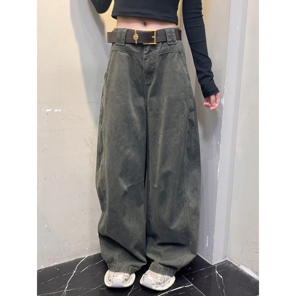 【清仓+运费险】军绿色弯刀工装牛仔裤女2025秋季宽松阔腿镰刀裤子