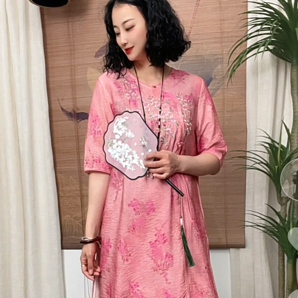 490-4新品高货梅花刺绣显瘦百搭气质网红文艺风复古棉麻禅意中袍