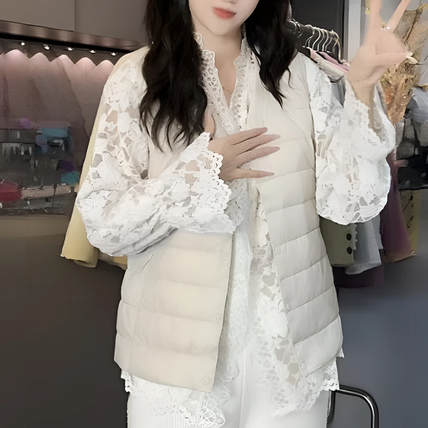 轻薄女款白鸭绒马甲 时尚百搭圆领可变V领一衣两穿