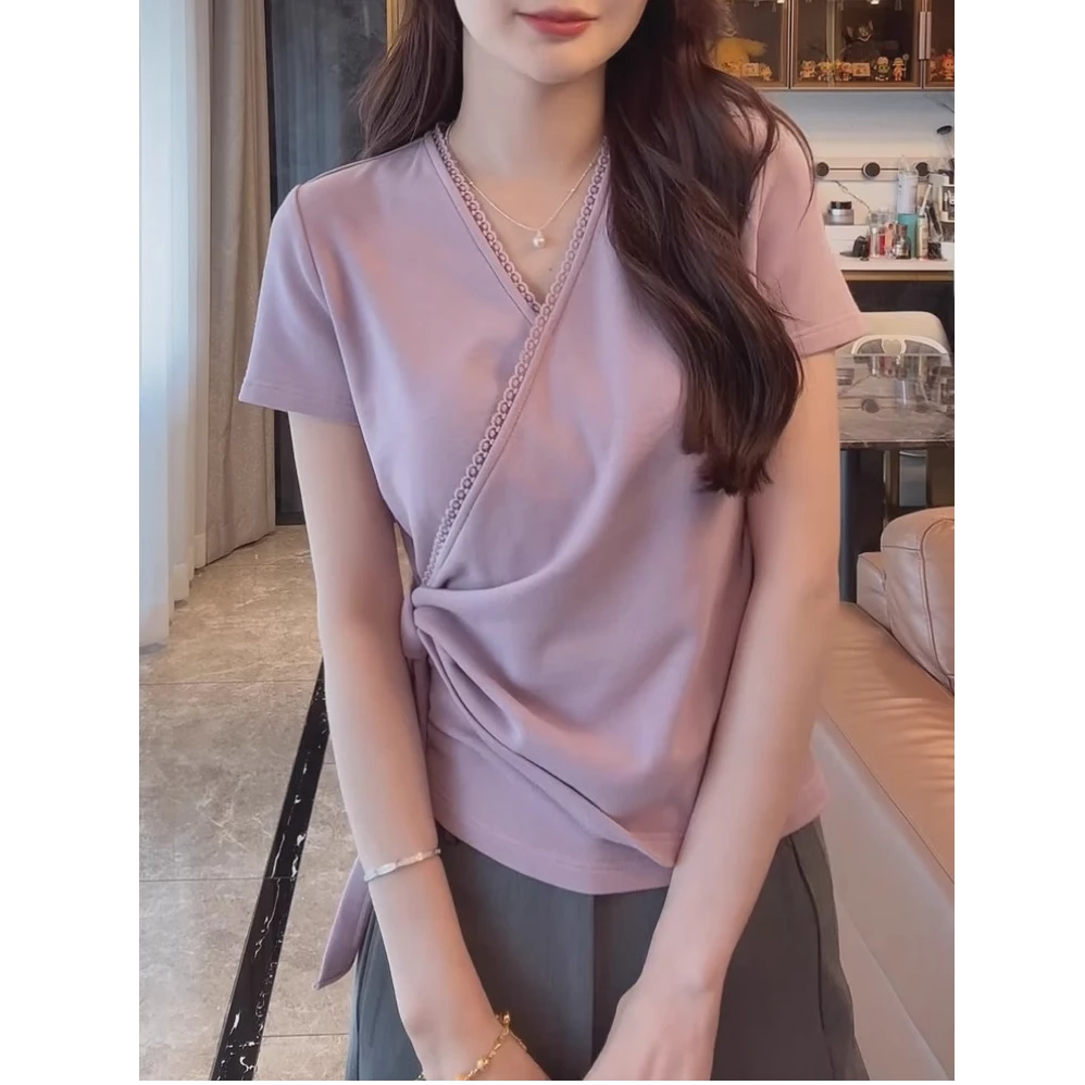 蕾丝花边紫色短袖t恤女夏季收腰体恤2025年新款交叉v领高级感上衣