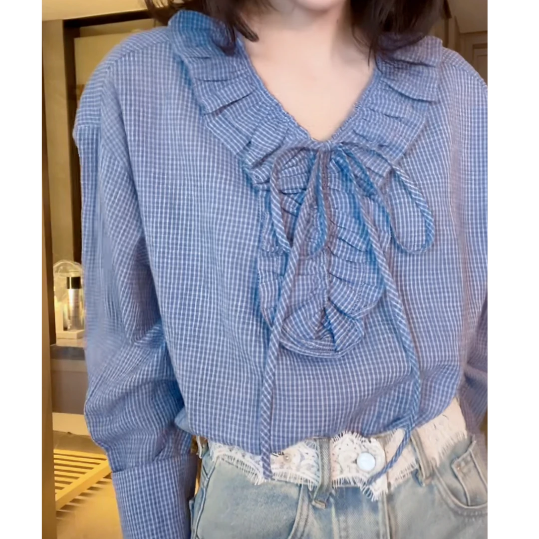 条纹衬衫2025新款春季法式气质设计款减龄荷叶花边绑带V领衬衣