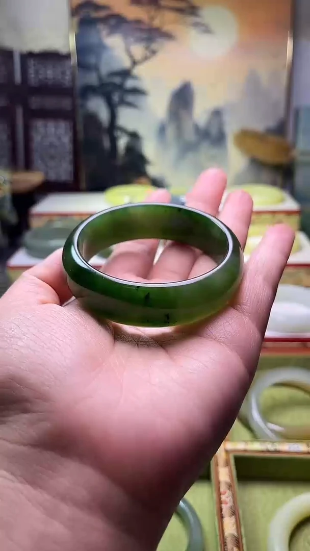 和田玉手镯未镶嵌大漏俄料碧玉宽版轮胎58.8