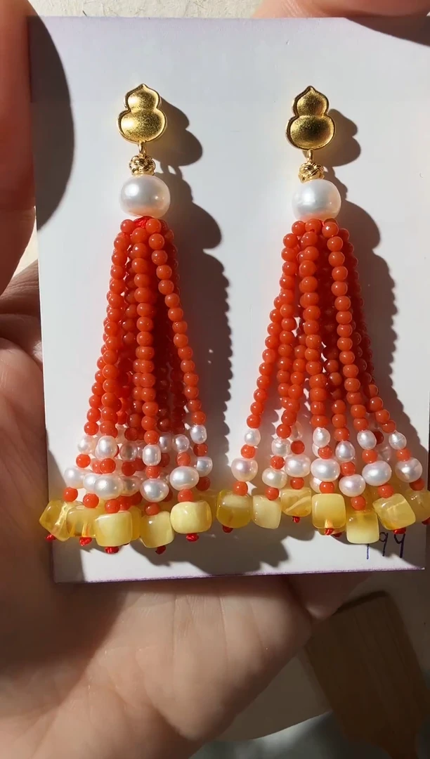 蜜蜡未镶嵌耳饰蜜蜡南红流苏耳坠