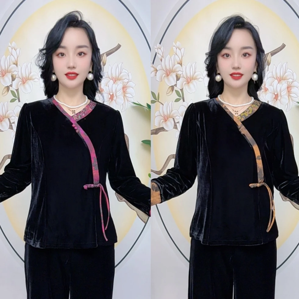 V领中年妈妈女装复古修身金丝上衣