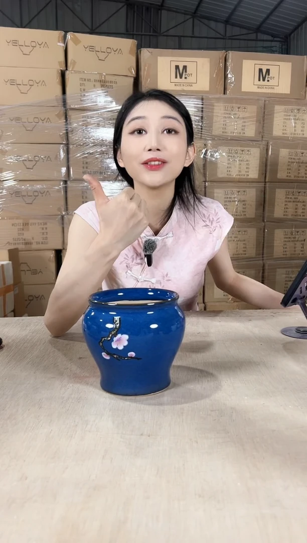 缸形深蓝花釉勾花13x13