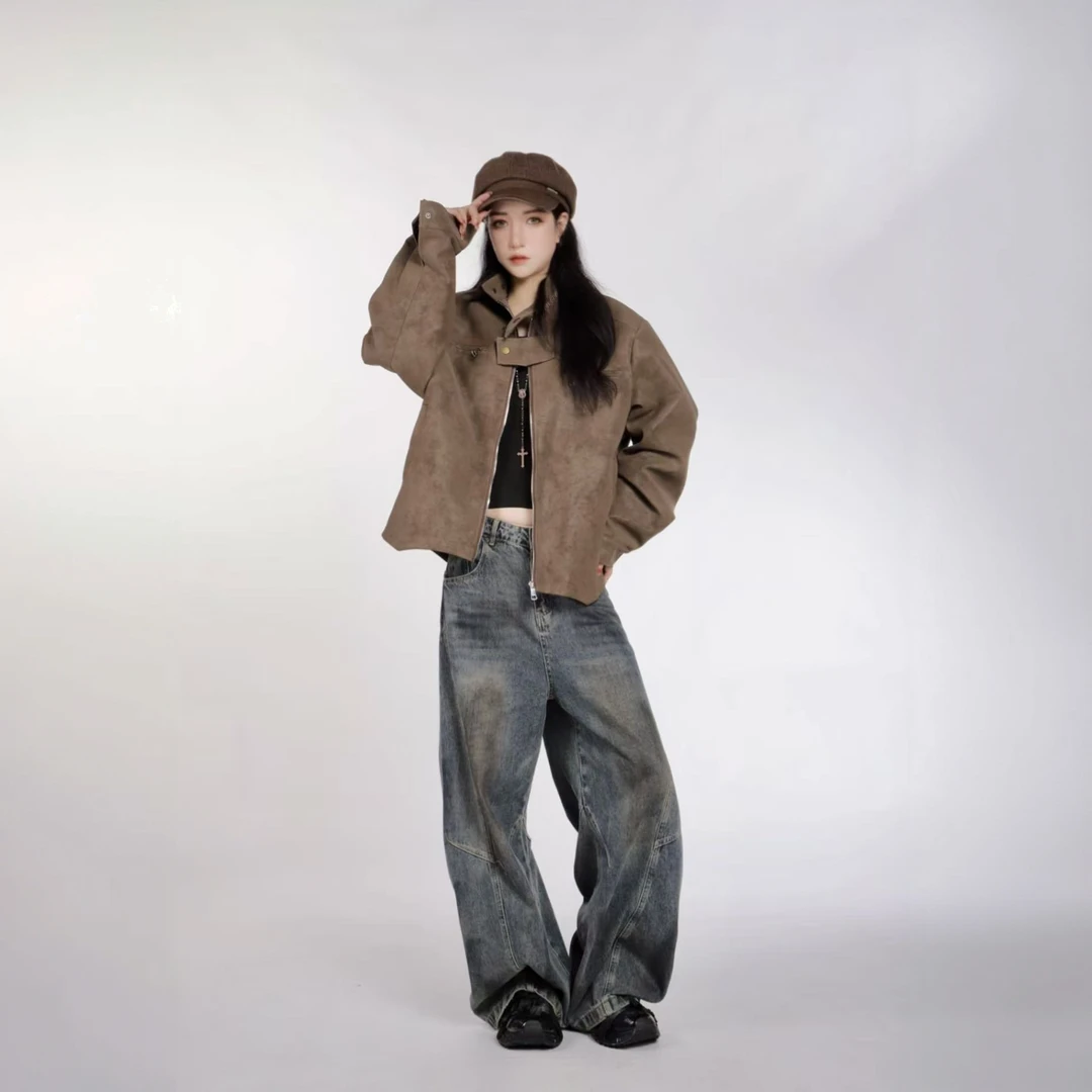 美式短款正肩哈灵顿夹克男秋季美拉德痞帅外套立领pu皮飞行棒球服